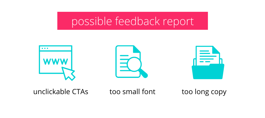 A graphic showcasing possible on-page issues experienced by customers - unclickable CTAs, font size too small, copy too long.