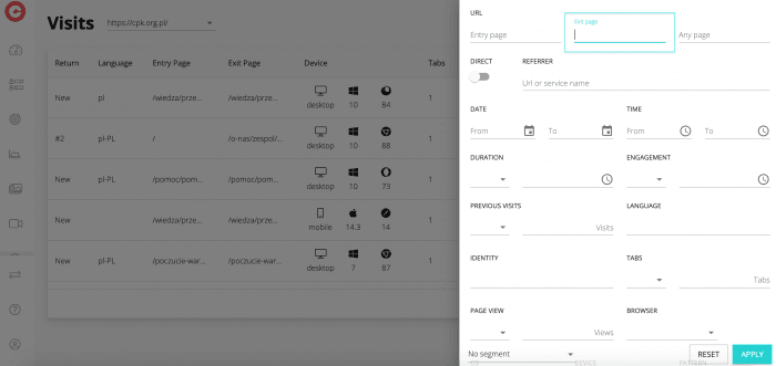 Filter by exit pages in cux.io